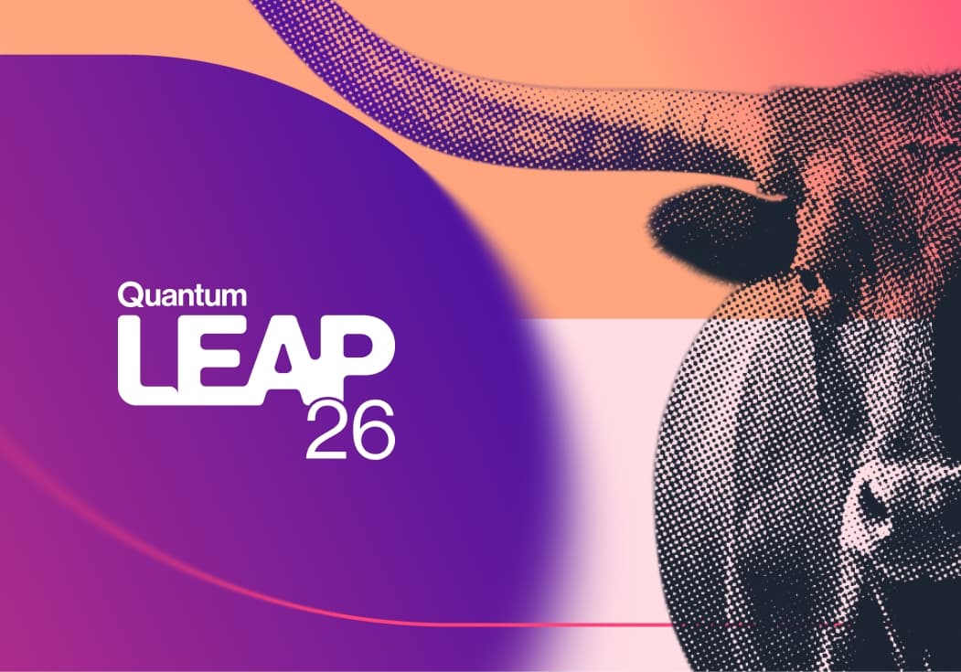 LEAP 26 key art: the LEAP 26 logo over a purple, peach and pink gradient beside a halftone longhorn